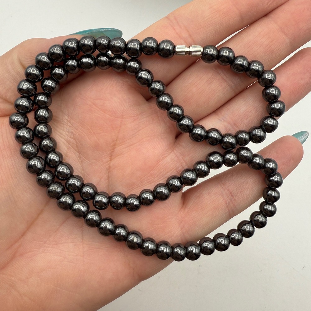 Hematite Stone Beaded Necklace Polished‎ Round Beads Classic Minimalist